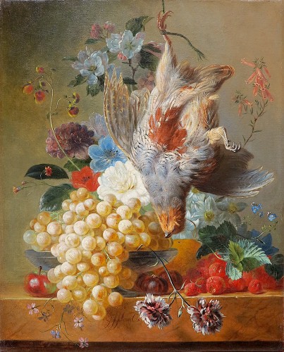 Georgius Jacobus Johannes VAN OS (1782-1861) - Fruits, fleurs et perdrix grise - Tableaux et dessins Style Restauration - Charles X