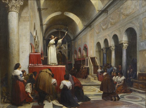 Louis Émile ADAN (1839-1937 ) - Prédication dans l’église de la Bocca della Vérità, Rome - Tableaux et dessins Style Napoléon III