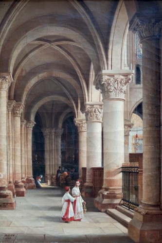 Alexis MILON (1784 - après 1858) - Vue intérieure de St Germain-des-Près, Paris - Tableaux et dessins Style Louis-Philippe