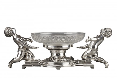 Christofle - Centre de table en bronze argenté et coupe en cristal XIXe