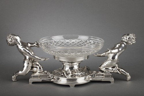Christofle - Centre de table en bronze argenté et coupe en cristal XIXe - Argenterie et Arts de la table Style Napoléon III