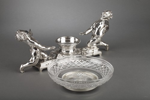 Napoléon III - Christofle - Centre de table en bronze argenté et coupe en cristal XIXe