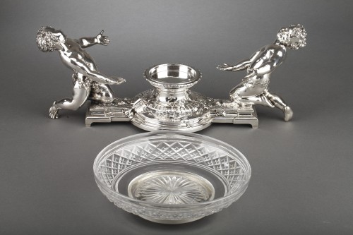 Antiquités - Christofle - Centre de table en bronze argenté et coupe en cristal XIXe