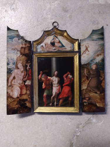 Tableaux et dessins Tableaux XVIe siècle - La Flagellation du Christ, entouré de Saint Jérôme et Saint François d’Assise