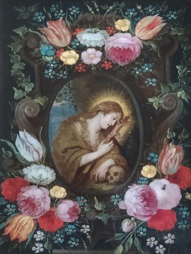 Tableaux et dessins Tableaux XVIIe siècle - Guirlande de Fleurs entourant Marie-Madeleine - Ecole Anversoise du XVIIe siècle
