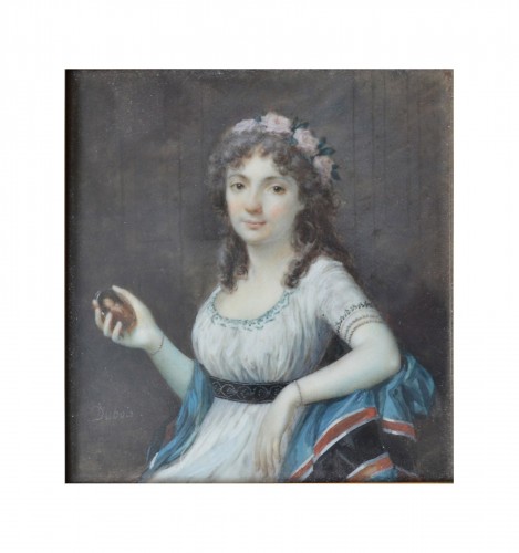 Portrait de femme en miniature par Frédéric Dubois (Actif vers 1780-1819) - Objets de Vitrine Style Louis XVI