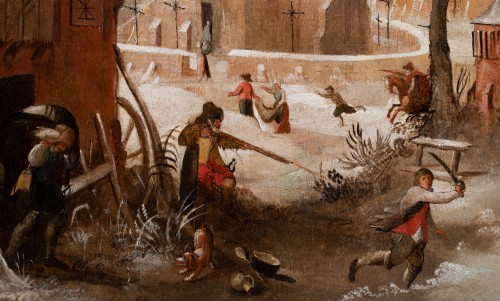 Tableaux et dessins Tableaux XVIIe siècle - Attaque d’un village en hiver. Atelier de Sébastien Vrancx (Anvers 1573-1647)