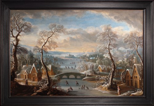Paysage d’hiver avec patineurs sur une rivière gelée, École Hollandaise XVIIe siècle