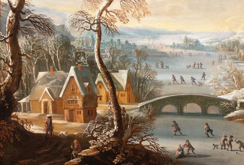 Paysage d’hiver avec patineurs sur une rivière gelée, École Hollandaise XVIIe siècle - Tableaux et dessins Style Louis XIV