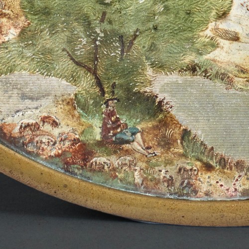 Tableaux et dessins Tableaux XVIIIe siècle - Médaillon en Compigné représentant une scène de village arborée