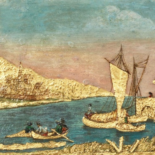 Tableau en Compigné représentant un paysage maritime animé de personnages - Tableaux et dessins Style 