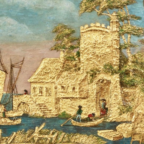 Tableaux et dessins  - Tableau en Compigné représentant un paysage maritime animé de personnages
