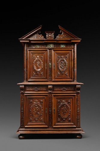 Cabinet Bellifontain d'époque Henri IV avec incrustations de plaquette de marbre - Mobilier Style Renaissance