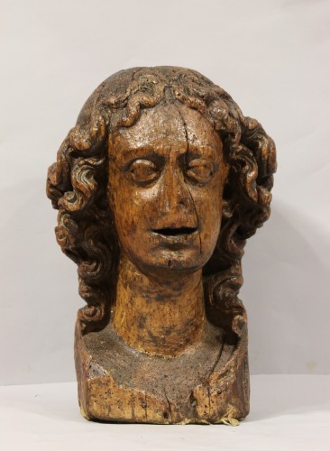 Bois sculpté représentant une tête d'ange - Sculpture Style Moyen Âge