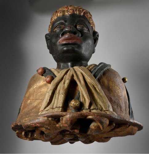 Sculpture Sculpture en Bois - Paire de bois sculptés polychromés représentant deux bustes mauresques