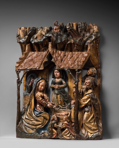 Exceptionnel bois sculpté polychromé représentant La Nativité - Sculpture Style Moyen Âge