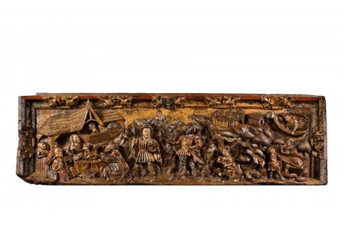 Important bas-relief sculpté polychromé représentant des scènes de la Nativité