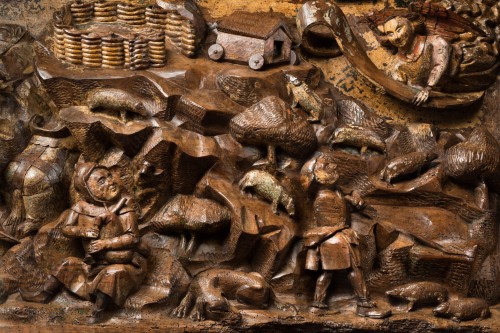 Important bas-relief sculpté polychromé représentant des scènes de la Nativité - Sculpture Style Moyen Âge