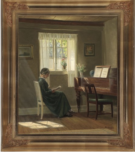 Paisible lecture dans un intérieur au piano -Alfred Broge (1870-1955) - Tableaux et dessins Style Art Déco
