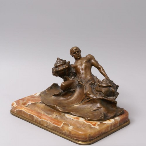 Antiquités - "Poséidon" encrier sculptural en bronze et marbre - Hans Müller (1873-1937)
