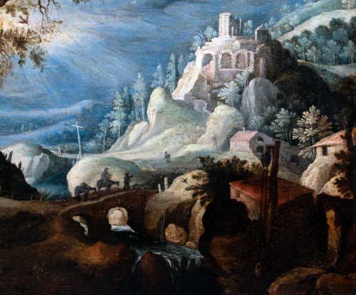 Tableaux et dessins Tableaux XVIIe siècle - Paysage de route de montagne , Flandre début 17e siècle entourage de Paul Bril