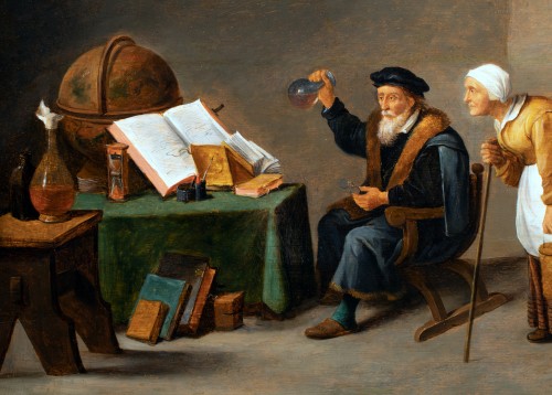 XVIIe siècle - L'alchimiste dans son cabinet - Atelier de Teniers, Flandre 17e siècle