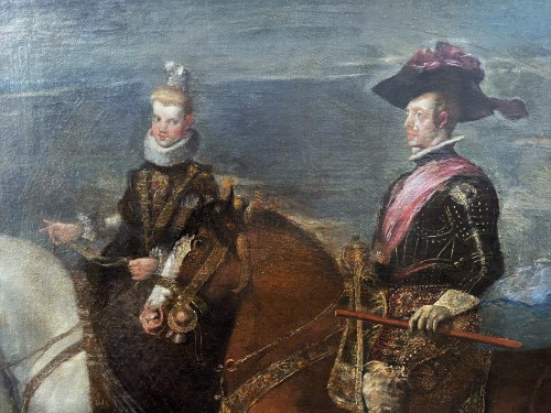 Tableaux et dessins Tableaux XVIIe siècle - Diego Velasquez (1599-1660) Atelier - Portrait équestre du roi Felipe IV et Margarita