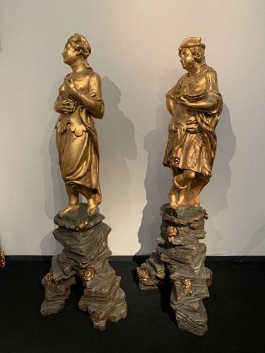 Paire de statues en bois sculpté et doré, Gênes XVIIIe - Sculpture Style Louis XV
