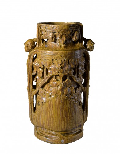Georges HOENTSCHEL, Grand vase grès décor Chêne Art Nouveau Céramique