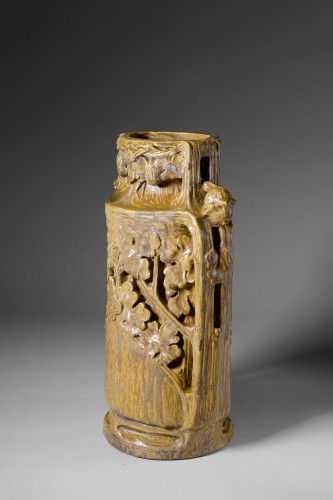 Georges HOENTSCHEL, Grand vase grès décor Chêne Art Nouveau Céramique - Céramiques, Porcelaines Style Art nouveau