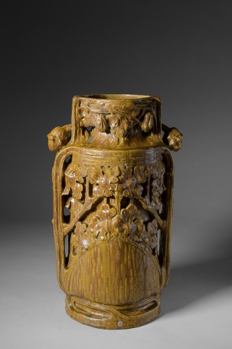 Céramiques, Porcelaines  - Georges HOENTSCHEL, Grand vase grès décor Chêne Art Nouveau Céramique