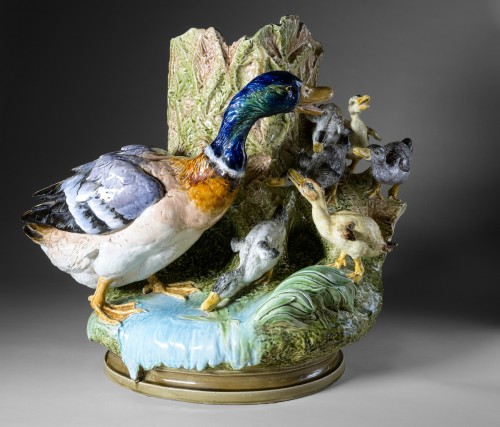 Céramiques, Porcelaines  - Louis Robert Carrier Belleuse - Canard et canetons, Sculpture céramique barbotine