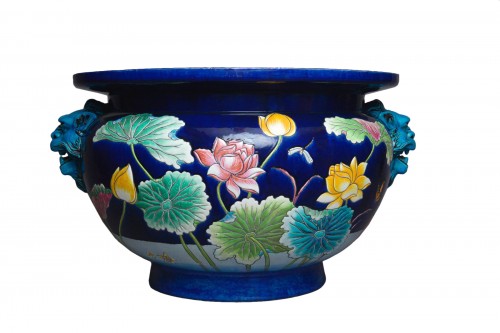 Eugène Collinot - Cache pot / vase, céramique en barbotine polychrome Art Nouveau