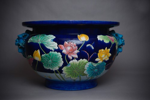 Céramiques, Porcelaines  - Eugène Collinot - Cache pot / vase, céramique en barbotine polychrome Art Nouveau