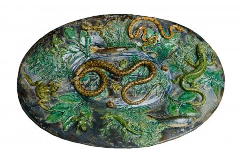 Alfred Renoleau - Plat céramique aux serpents et salamandres, Barbotine Palissyste