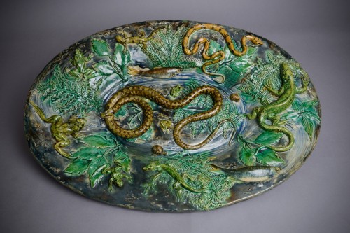 Céramiques, Porcelaines  - Alfred Renoleau - Plat céramique aux serpents et salamandres, Barbotine Palissyste