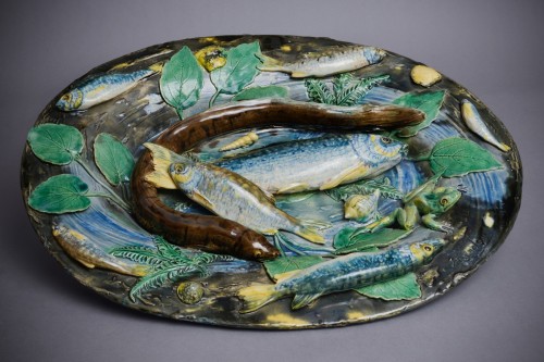 Alfred Renoleau - Grand plat creux décor aquatique, céramique en barbotine palissyste - Céramiques, Porcelaines Style Art Déco