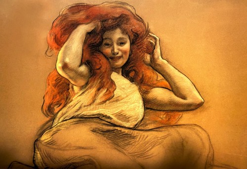 Victor Prouvé - Tableau Dessin préparatoire à la femme rousse Art Nouveau