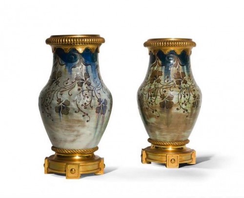 A. Delaherche - Paire de vases balustres en céramique émaillée et bronze Art Nouveau