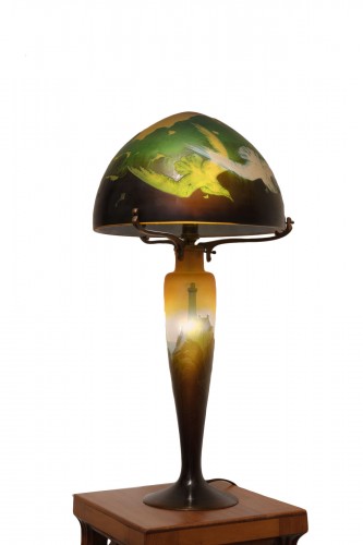 Émile Gallé - Lampe en verre champignon au phare et aux mouettes Art Nouveau