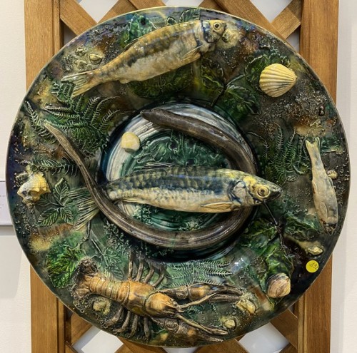Alfred Renoleau - Grand plat céramique rond à l'écrevisse Barbotine Palissyste - Céramiques, Porcelaines Style Art nouveau