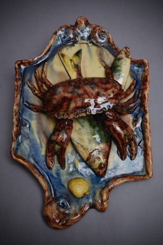 Alfred Renoleau (1854 -1930) - Plaque palissyste au crabe Barbotine Céramique - Céramiques, Porcelaines Style Art nouveau