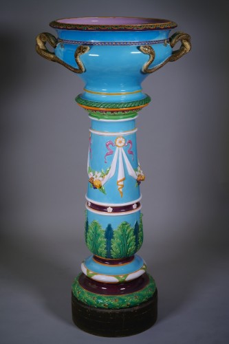 Minton - Vasque aux serpents sur sa colonne Barbotine Céramique - Céramiques, Porcelaines Style Art nouveau