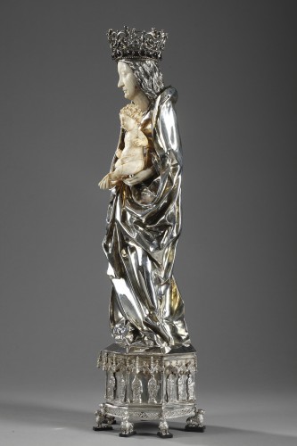 Antiquités - Vierge à l'enfant en argent, ivoire et pierres fines