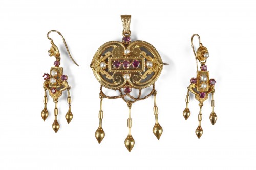 Parure d'époque Napoléon III en or, perles, pierres fines
