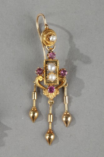 Bijouterie, Joaillerie Boucles d'oreilles - Parure d'époque Napoléon III en or, perles, pierres fines
