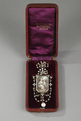 Bijouterie, Joaillerie Pendentif, Collier - Pendentif en vermeil, argent, perles et miniature sur ivoire Napoleon III