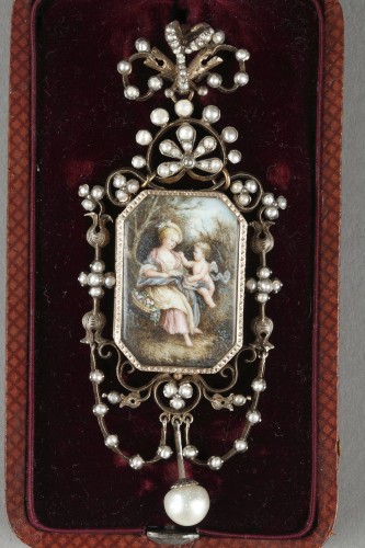 XIXe siècle - Pendentif en vermeil, argent, perles et miniature sur ivoire Napoleon III