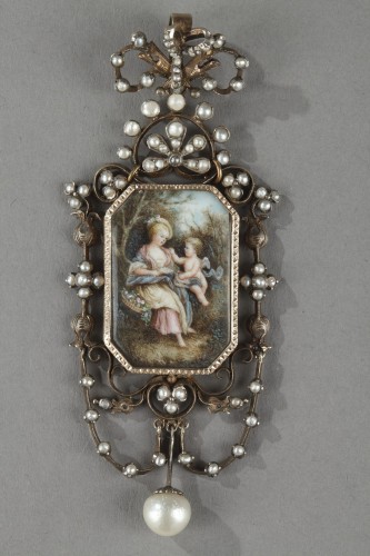 Antiquités - Pendentif en vermeil, argent, perles et miniature sur ivoire Napoleon III