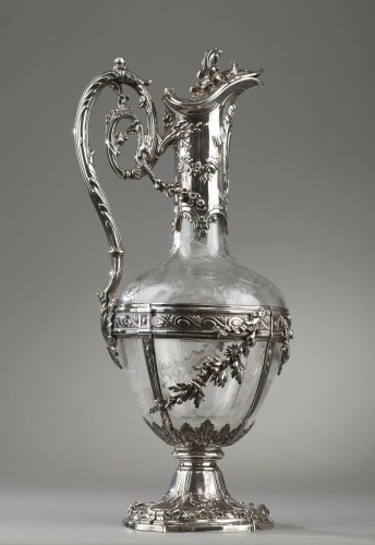 XIXe siècle - Edmond Tétard - Paire de carafe en argent et cristal gravé